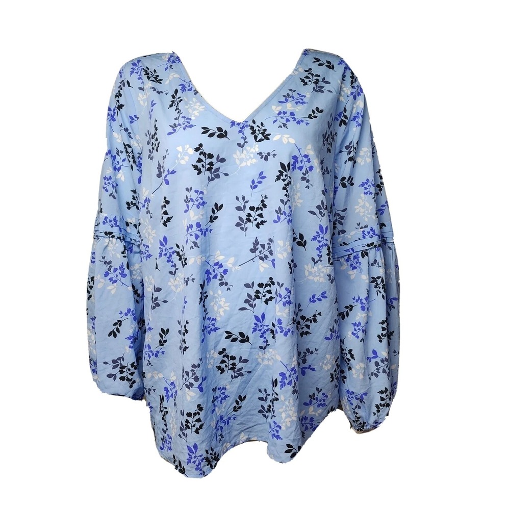 Lane Bryant Top Shirt Womens 16 Blue Black Floral 3/4 Sleeve V Neck Feminine - Picture 1 of 7